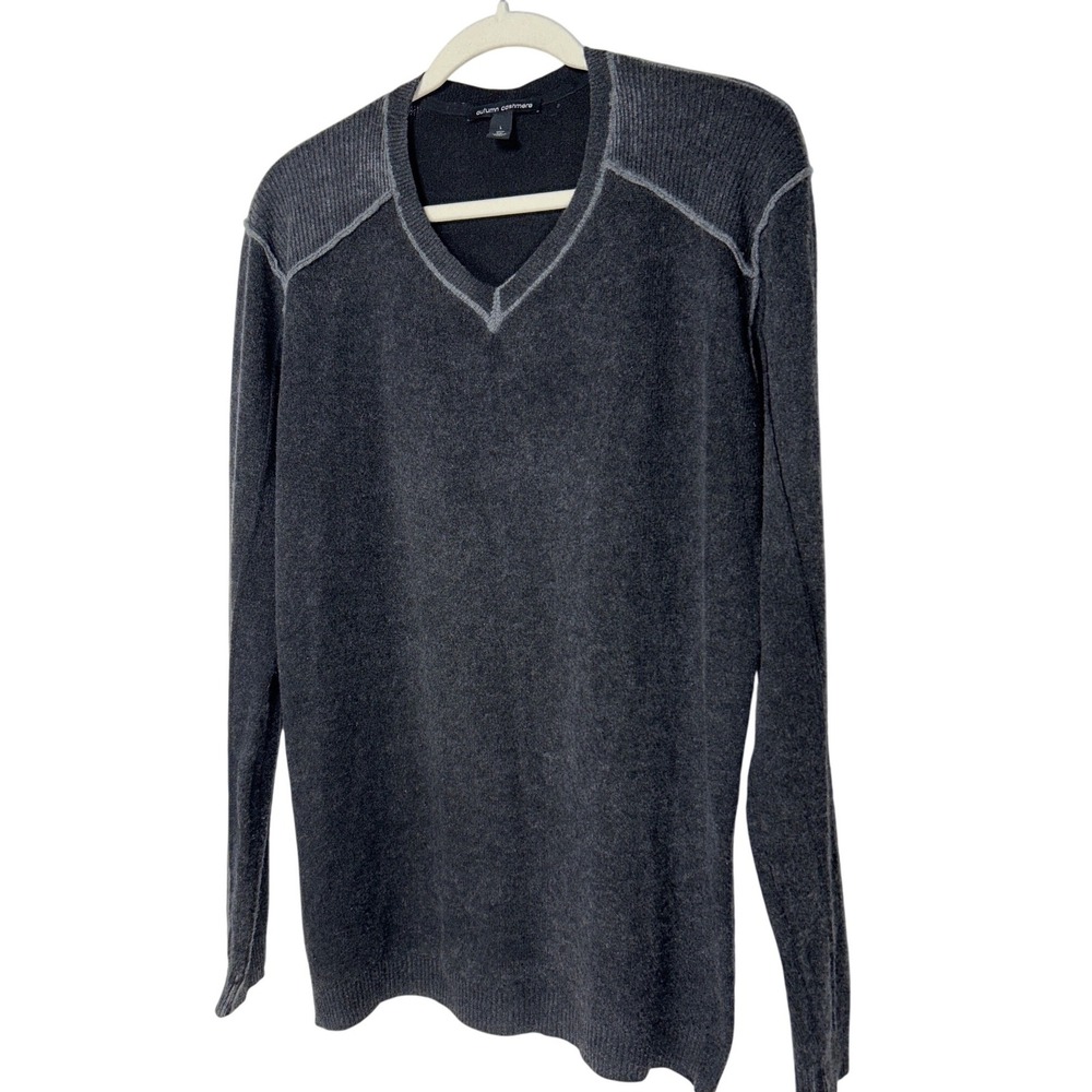 Autumn Cashmere‎ Mens 100% Pure Cashmere V-Neck Sweater Charcoal Gray Large